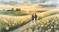 A couple walks hand in hand along a winding path through a field of daisies Royalty Free Stock Photo
